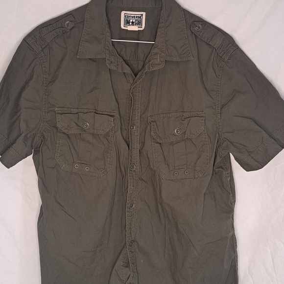Vintage Converse One Star Mens Medium Olive Dark Green Utility Button-Down Shirt - Picture 2 of 8